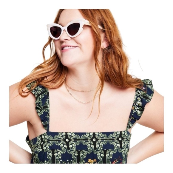 AGUA BENDITA x Target Navy Blue Green Floral Ruffle Sleeve Tiered Mini Dress L - Picture 4 of 11